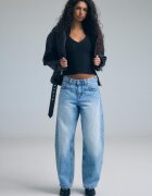 Stradivarius D80 Blugi Barrel Fit Efect Prespălat Denim Albastru Mediu 40