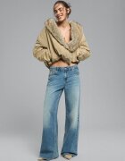 Stradivarius D91 Blugi Largi Cu Talie Joasă Efect Prespălat Denim Albastru Mediu 42