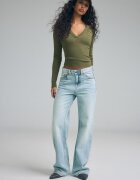 Stradivarius D92 Blugi Straight Wide Cu Rupturi Efect Prespălat Denim Albastru Deschis 32