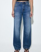 Stradivarius D92 Blugi Straight Wide Cu Rupturi Efect Prespălat Denim Albastru Mediu 42