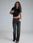 Stradivarius D92 Blugi Straight Wide Cu Rupturi Efect Prespălat Negru Denim 34