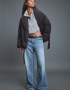 Stradivarius Geacă Matlasată Cu Guler Șal Și Curea Negru M