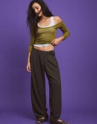 Stradivarius Pantaloni Fluizi Cu Carouri Și Cataramă Kaki 44