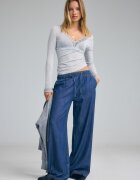 Stradivarius Pantaloni Fluizi Din Denim Cu Șnur Efect Prespălat Denim Descleiat L