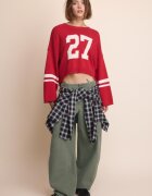 Stradivarius Pulover Din Tricot Cropped Cu Număr Roșu M