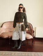 Stradivarius Pulover Din Tricot Cu Torsade Și Fundă Kaki M