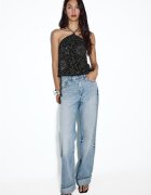 Stradivarius Top Halter Cu Broderii Negru Xs