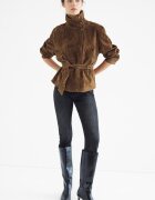 Stradivarius Trenci 100% Piele Cu Guler Înalt Și Cordon Albastru Marin L