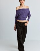 Stradivarius Tricou Asimetric Cu Mânecă Lungă Și Dungi Purpuriu Închis M