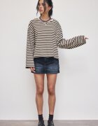 Stradivarius Tricou Cu Mânecă Lungă Și Dungi Ecru S