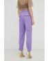 Boss pantaloni de lana femei culoarea violet drept high waist - Pled.ro