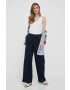 Sisley pantaloni din in culoarea albastru marin lat high waist - Pled.ro