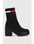 Tommy Jeans botine Water Resistent Knitted Boot femei culoarea negru cu toc drept - Pled.ro