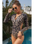 EFAYN.RO Costum de baie intreg maneca lunga inchidere cu fermoar slip brazilian decupaj lateral imprimeu animal print EFAYN - Pled.ro