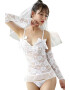 EFAYN.RO Lenjerie sexy dama set 4 piese top cu bretele subtiri voal manusi si chilot decupaj tanga model mireasa delicata tematica bride for the night EFAYN - Pled.ro