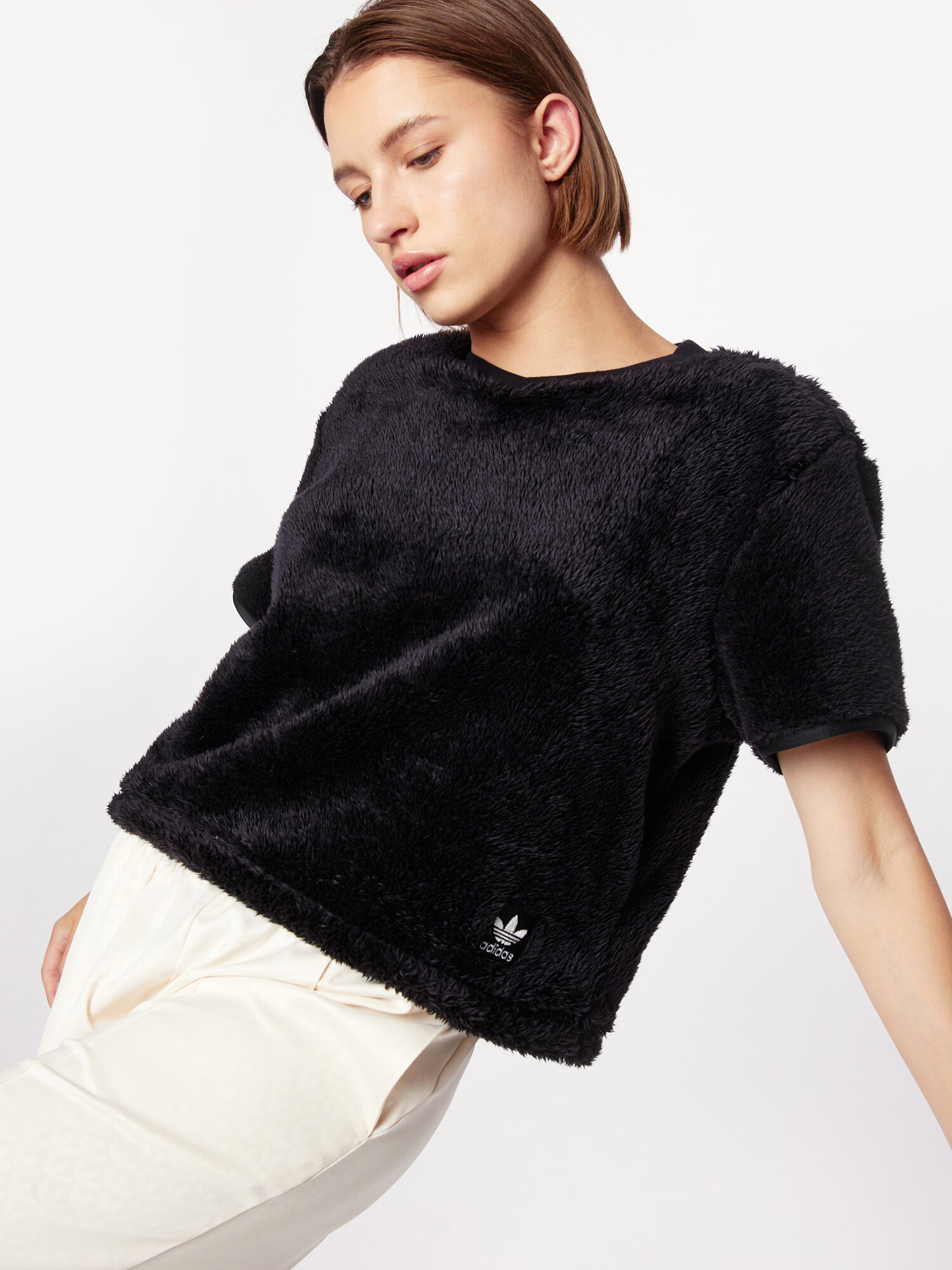 ADIDAS ORIGINALS Tricou 'Essentials+ Fluffy' negru / alb - Pled.ro