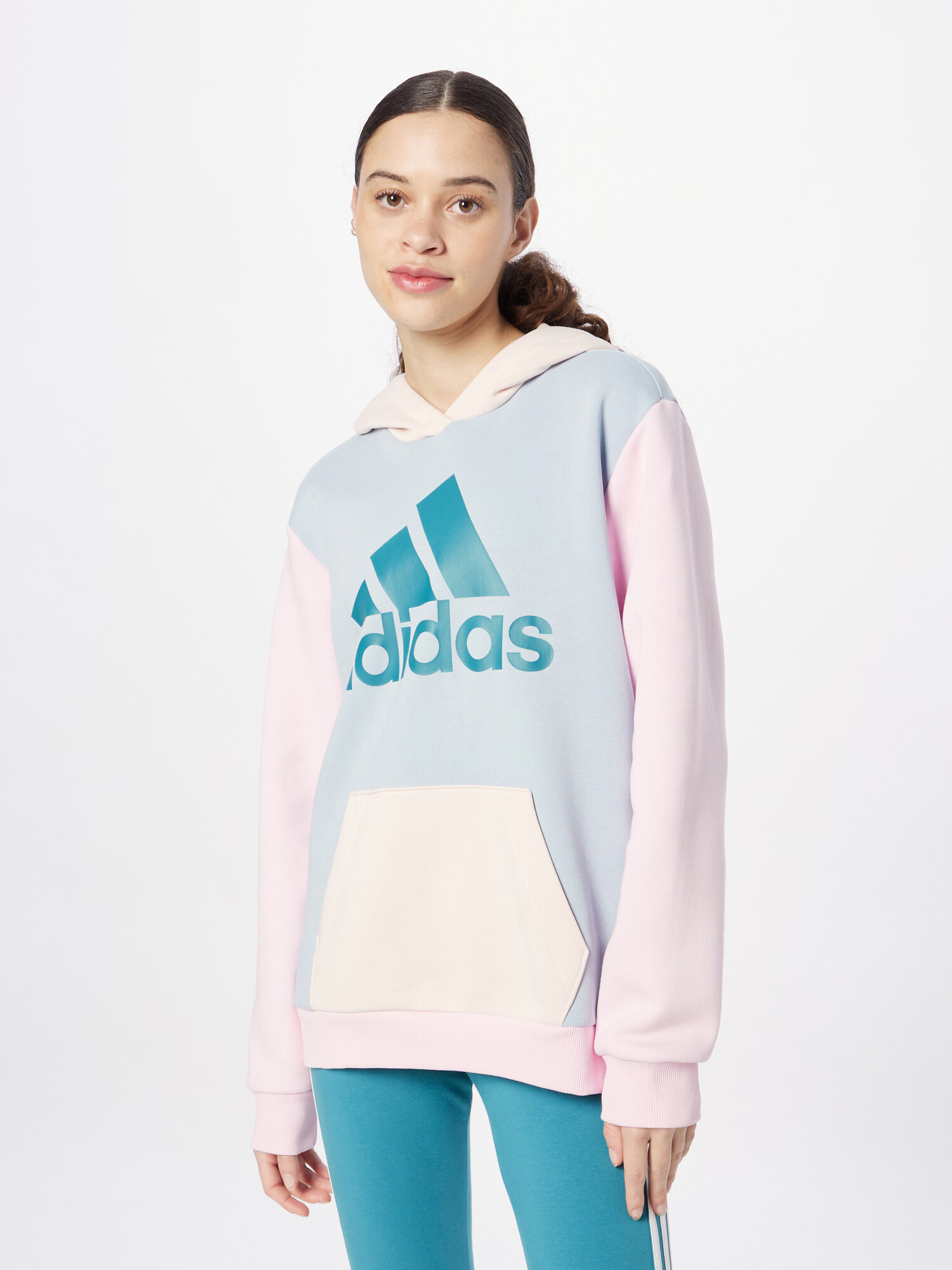 ADIDAS SPORTSWEAR Bluză de molton 'Essentials Logo friend Fleece' albastru pastel / galben pastel / verde petrol / roz pastel - Pled.ro