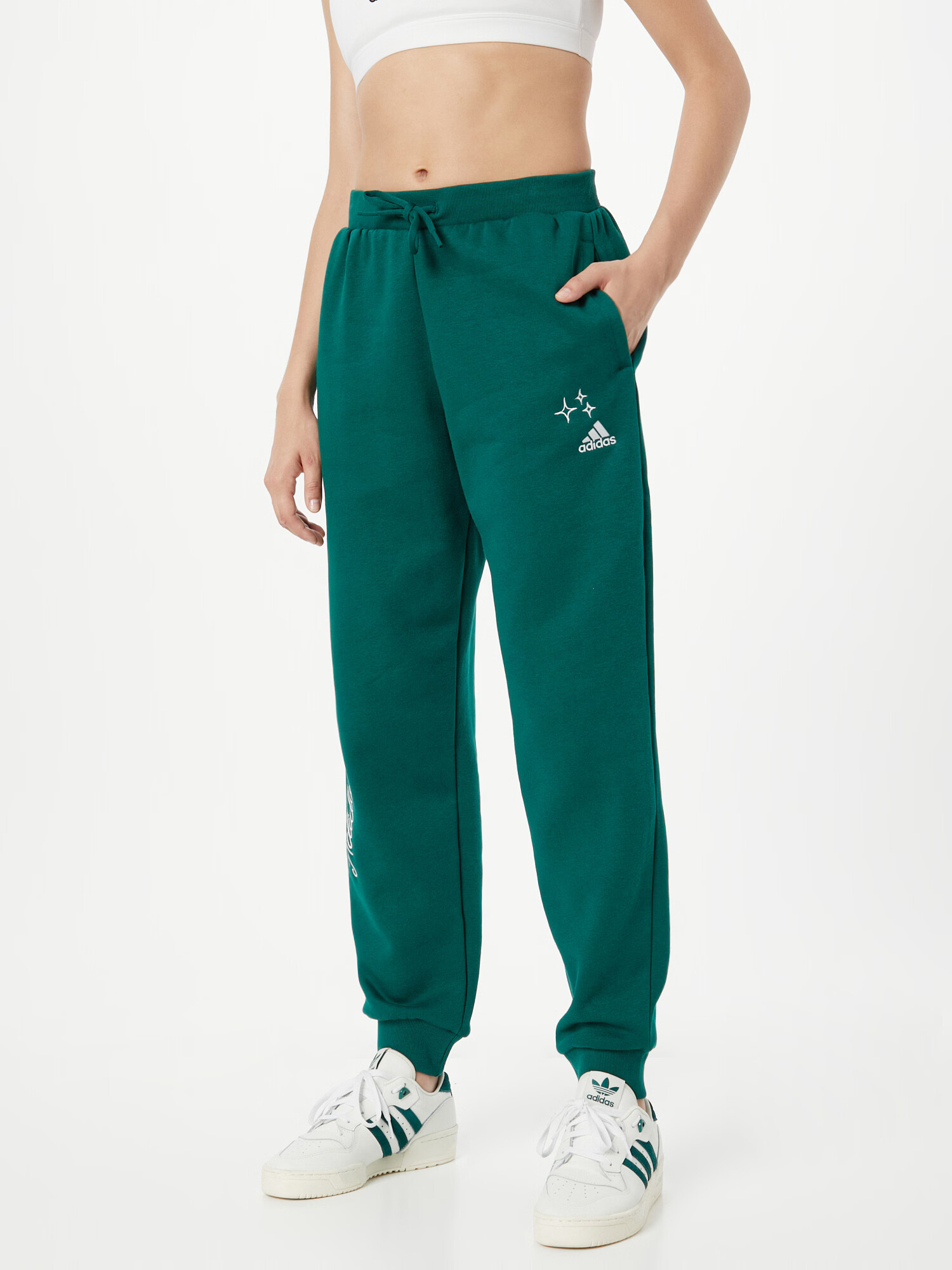 ADIDAS SPORTSWEAR Pantaloni sport 'Scribble Embroidery Fleece' verde închis / alb - Pled.ro