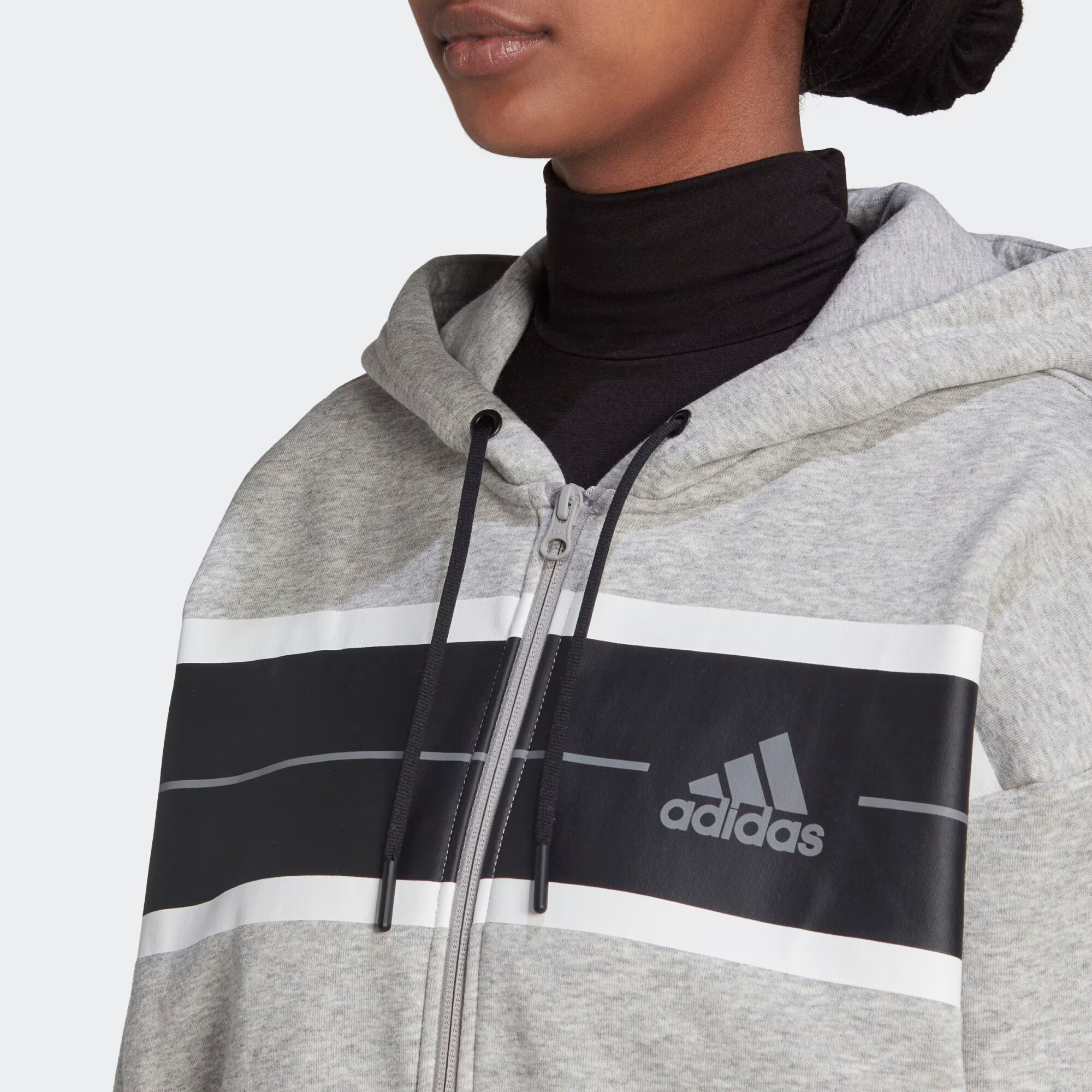 ADIDAS SPORTSWEAR Bluză cu fermoar sport 'Essentials Pinstripe Block Fleece Loose Fit' gri amestecat / negru / alb - Pled.ro