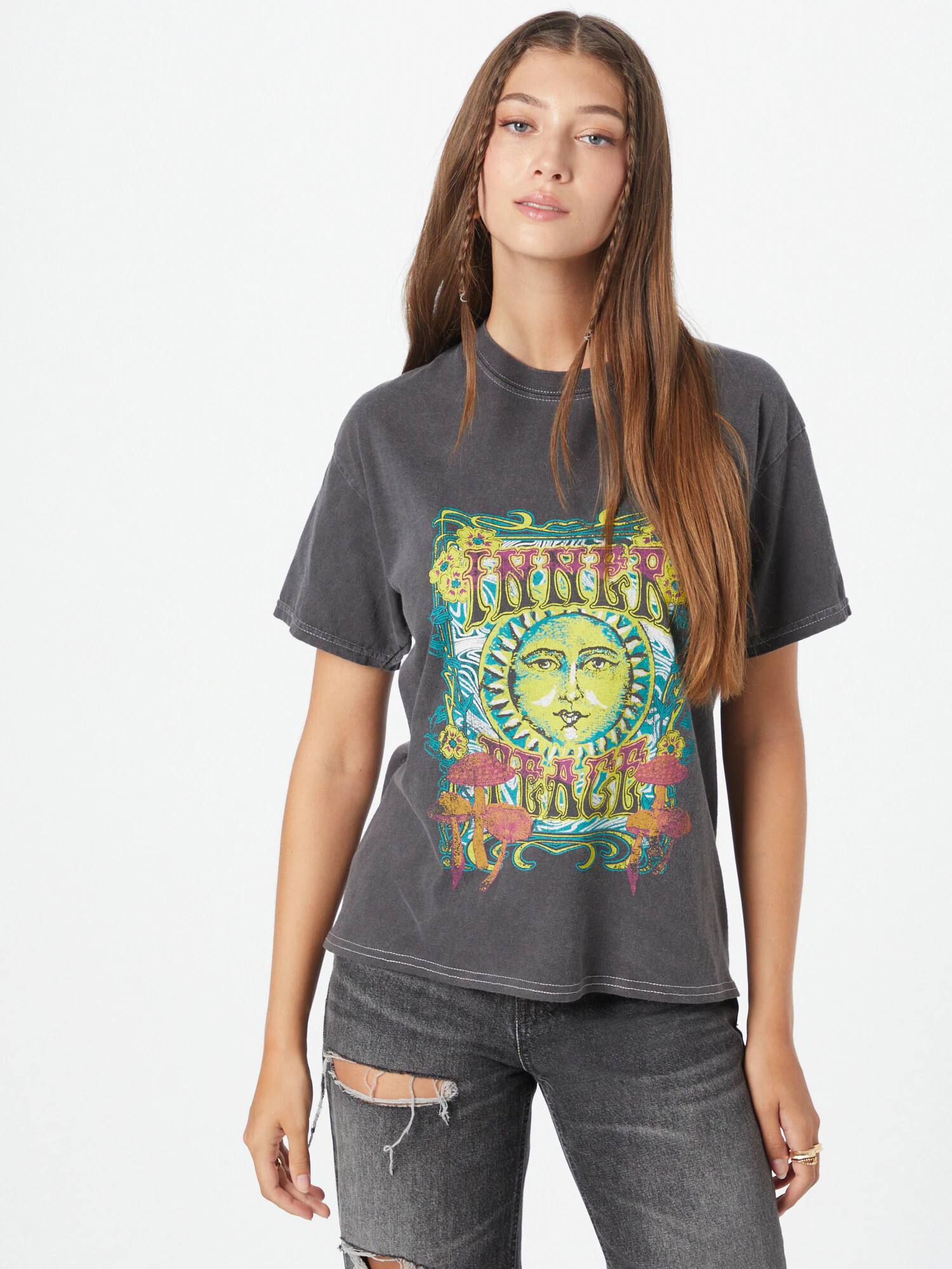 BDG Urban Outfitters Tricou 'INNER PEACE' galben / gri închis / verde jad / roz - Pled.ro