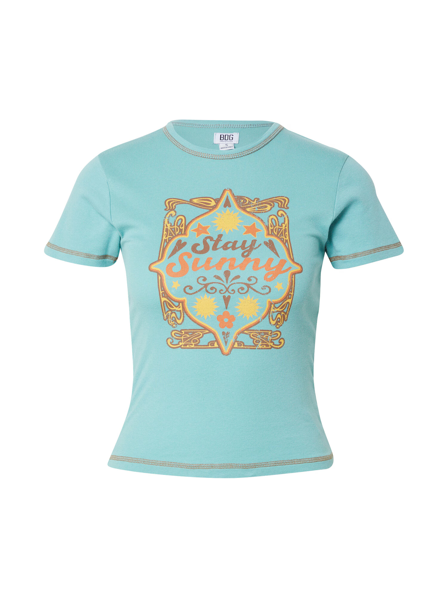 BDG Urban Outfitters Tricou 'STAY SUNNY BABY' albastru deschis / maro / galben / portocaliu - Pled.ro