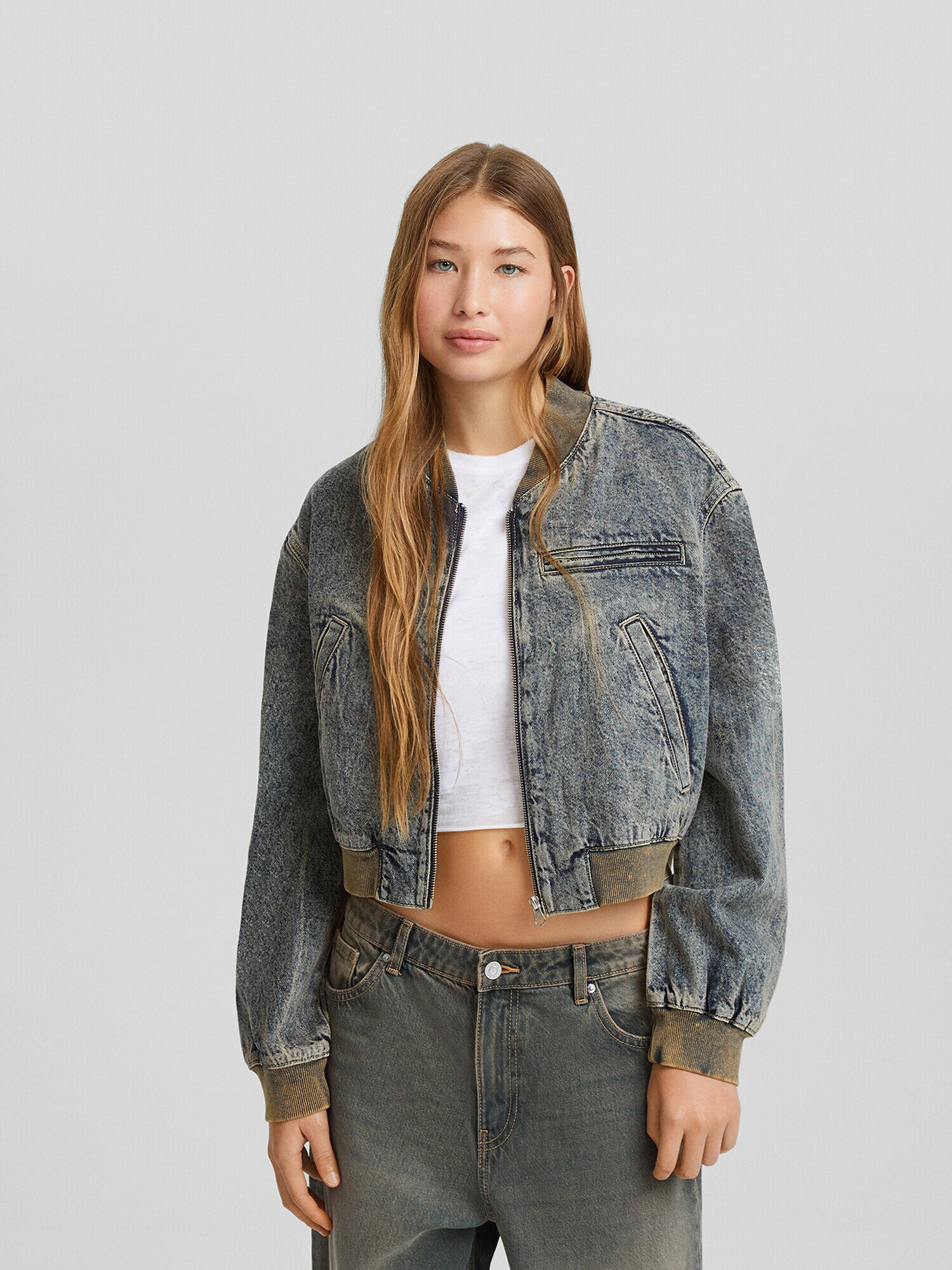 Bershka Geacă de primăvară-toamnă albastru denim / portocaliu - Pled.ro