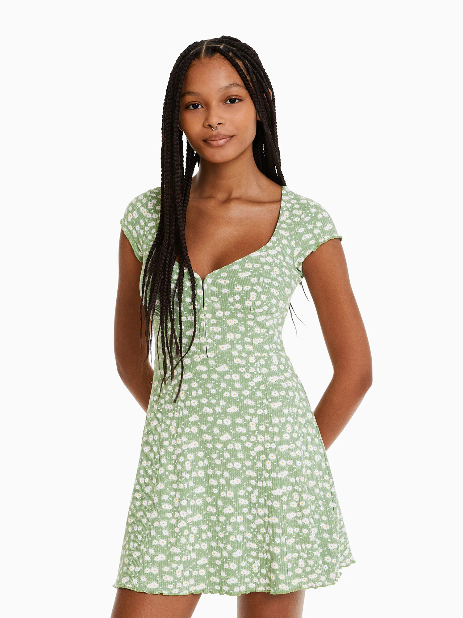 Bershka Rochie de vară galben / verde deschis / alb - Pled.ro