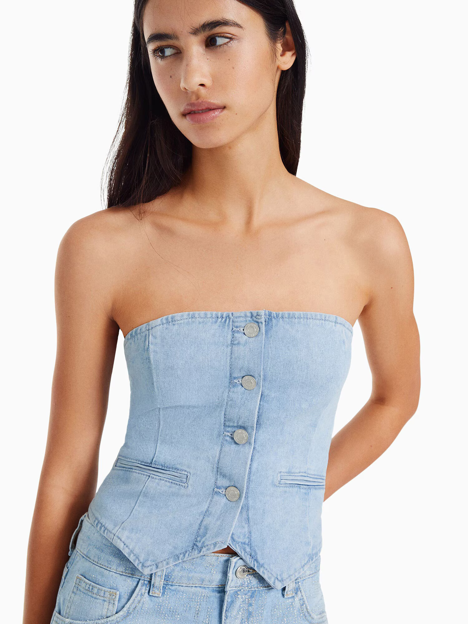 Bershka Top albastru denim - Pled.ro