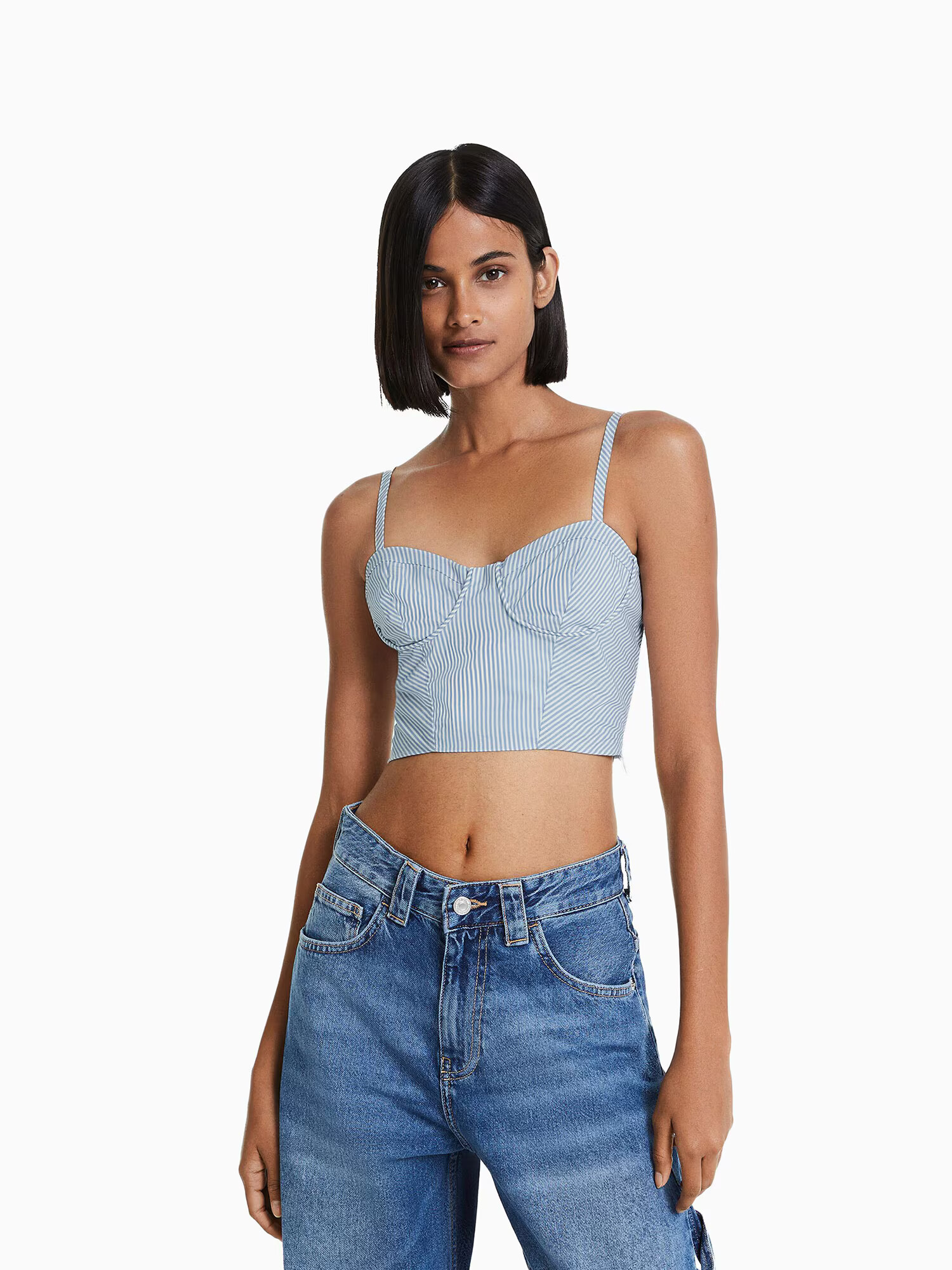 Bershka Top albastru deschis / alb - Pled.ro