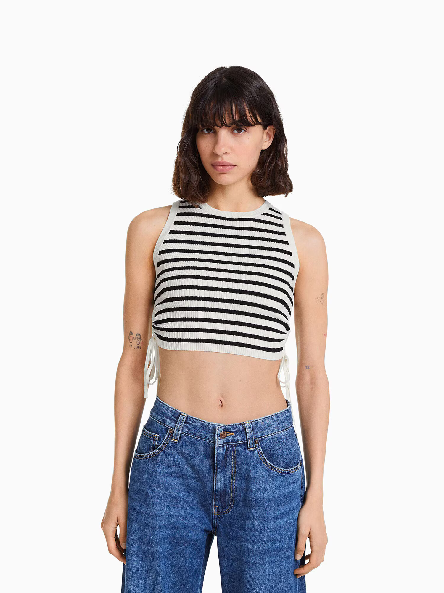 Bershka Top brodat ecru / negru - Pled.ro