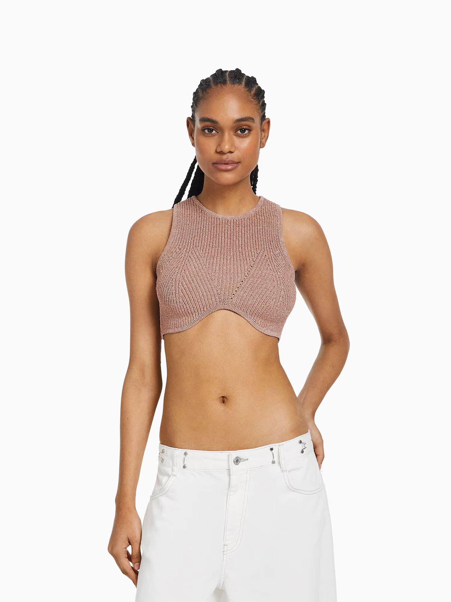 Bershka Top brodat gri taupe / alb - Pled.ro