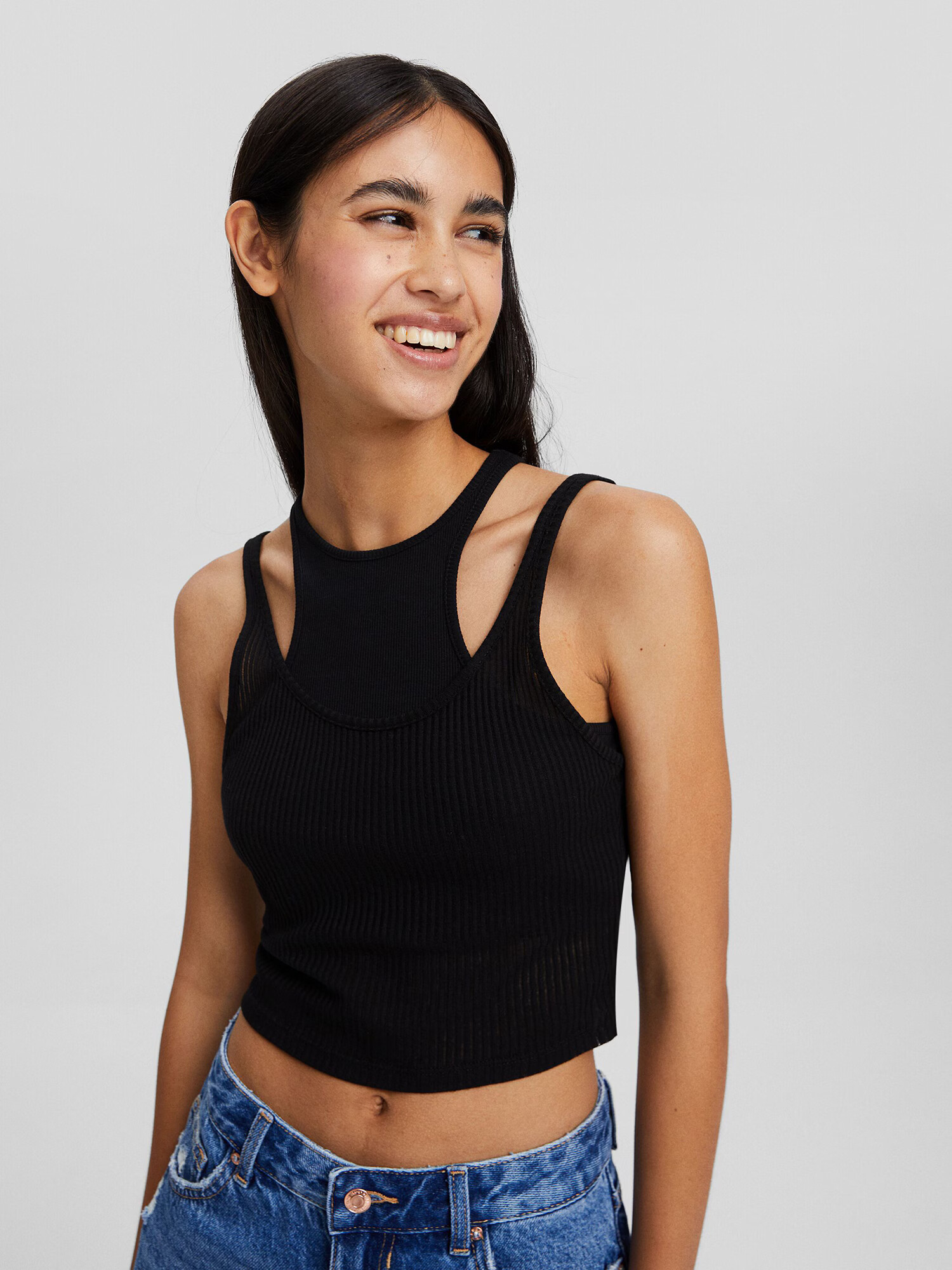 Bershka Top brodat negru - Pled.ro