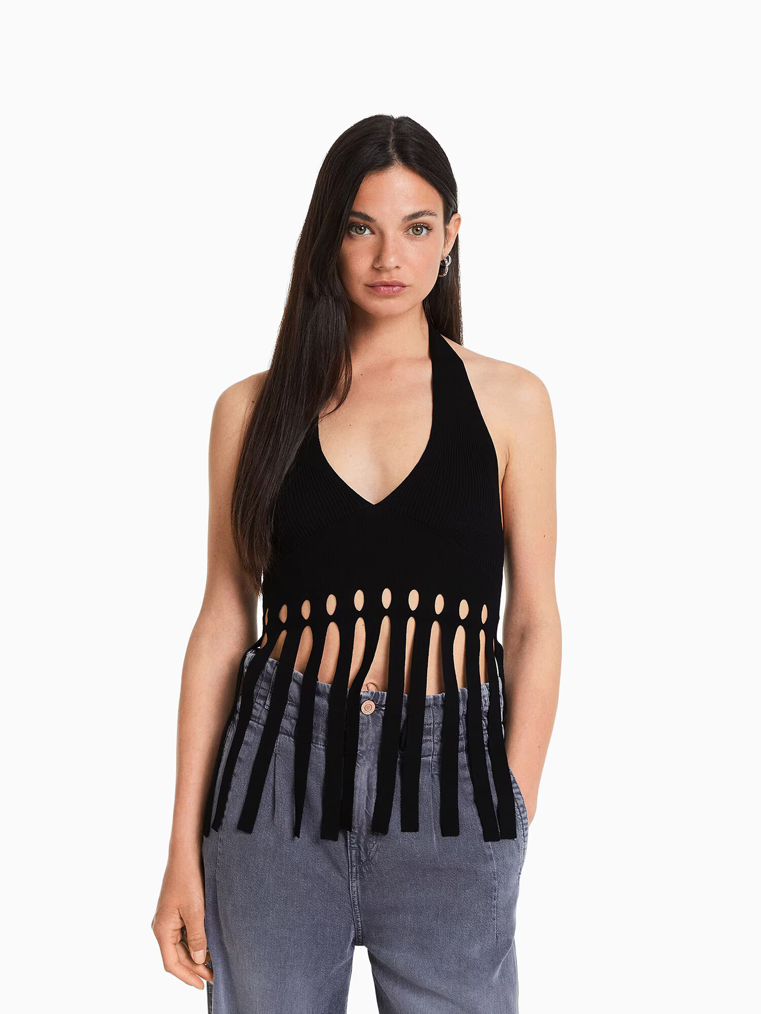 Bershka Top brodat negru - Pled.ro