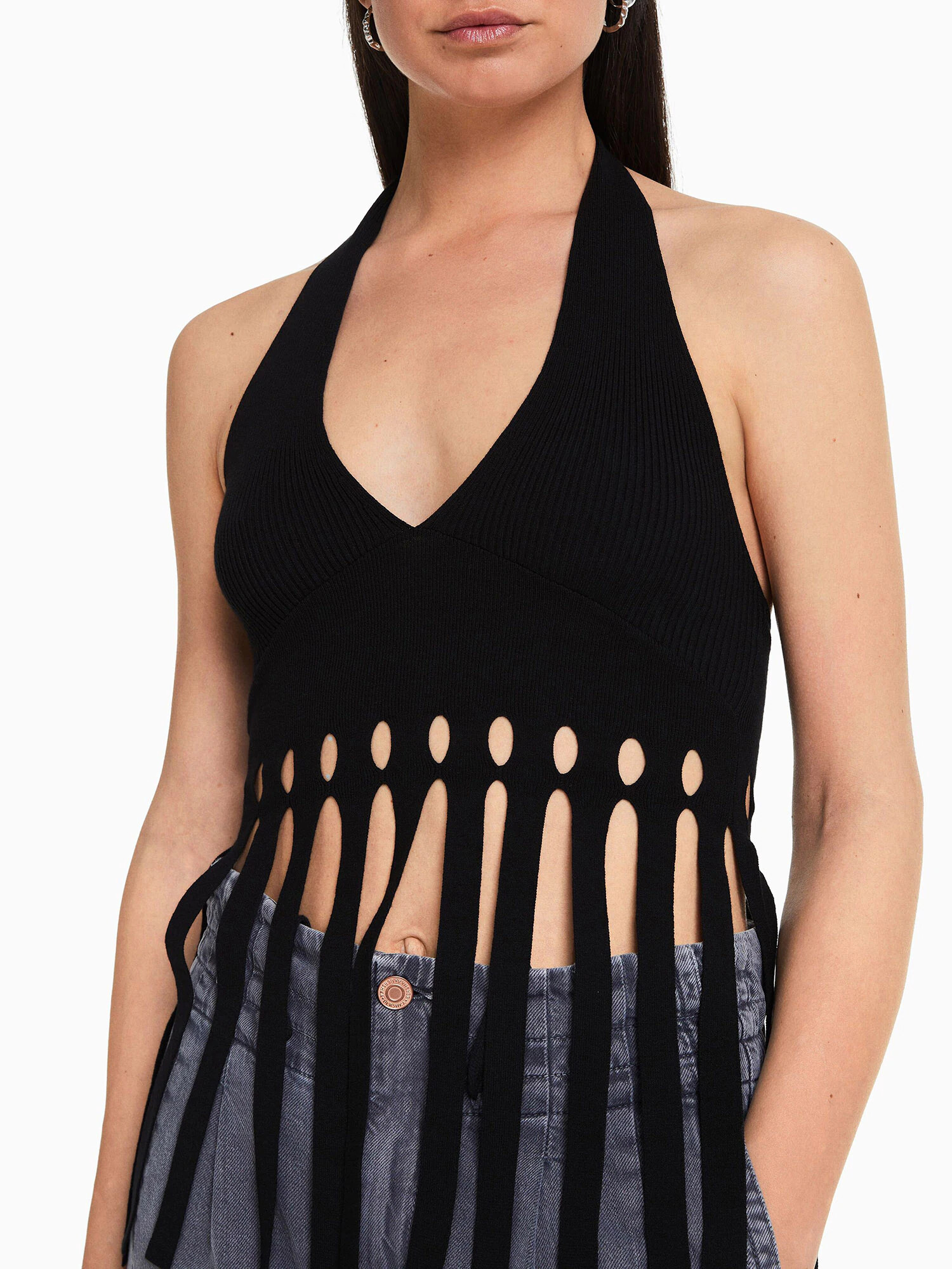 Bershka Top brodat negru - Pled.ro