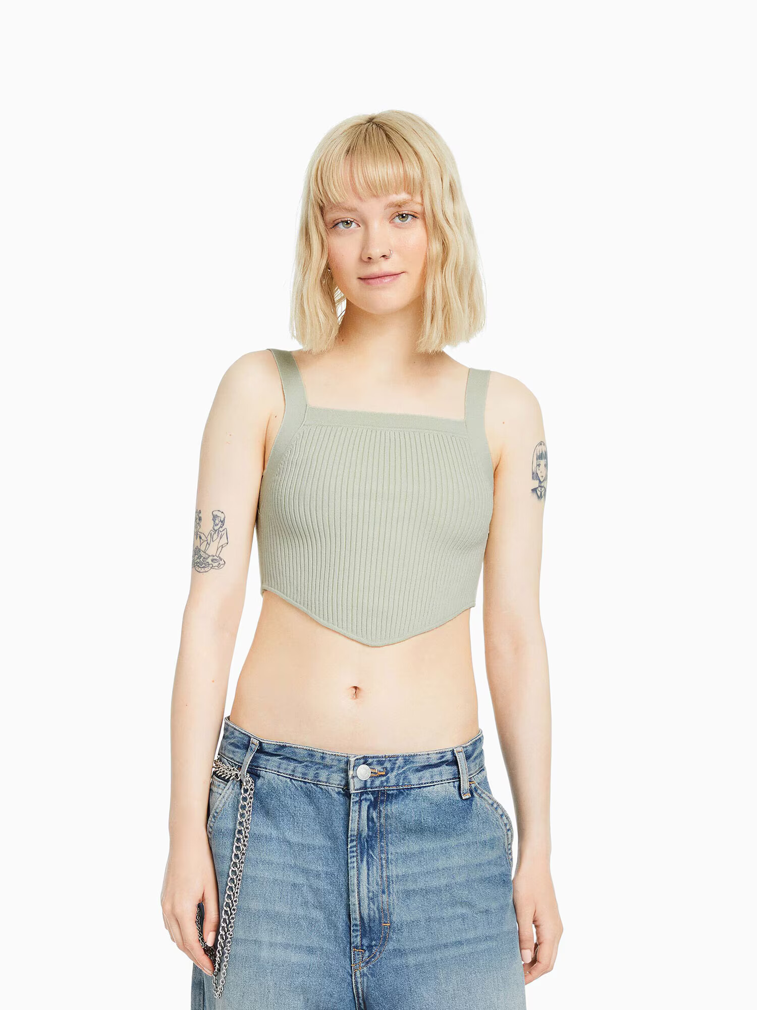 Bershka Top brodat verde pastel - Pled.ro