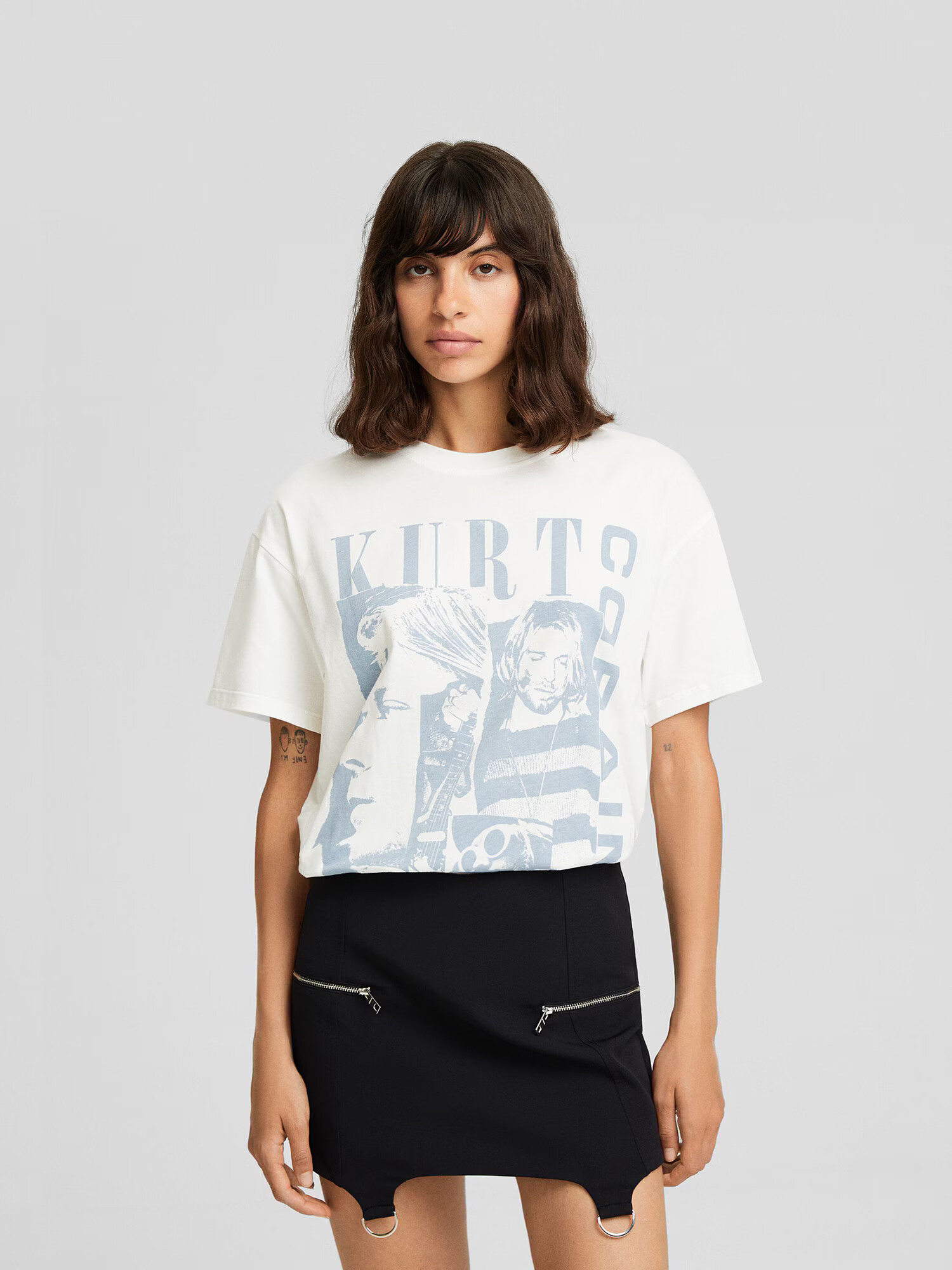 Bershka Tricou albastru porumbel / alb murdar - Pled.ro