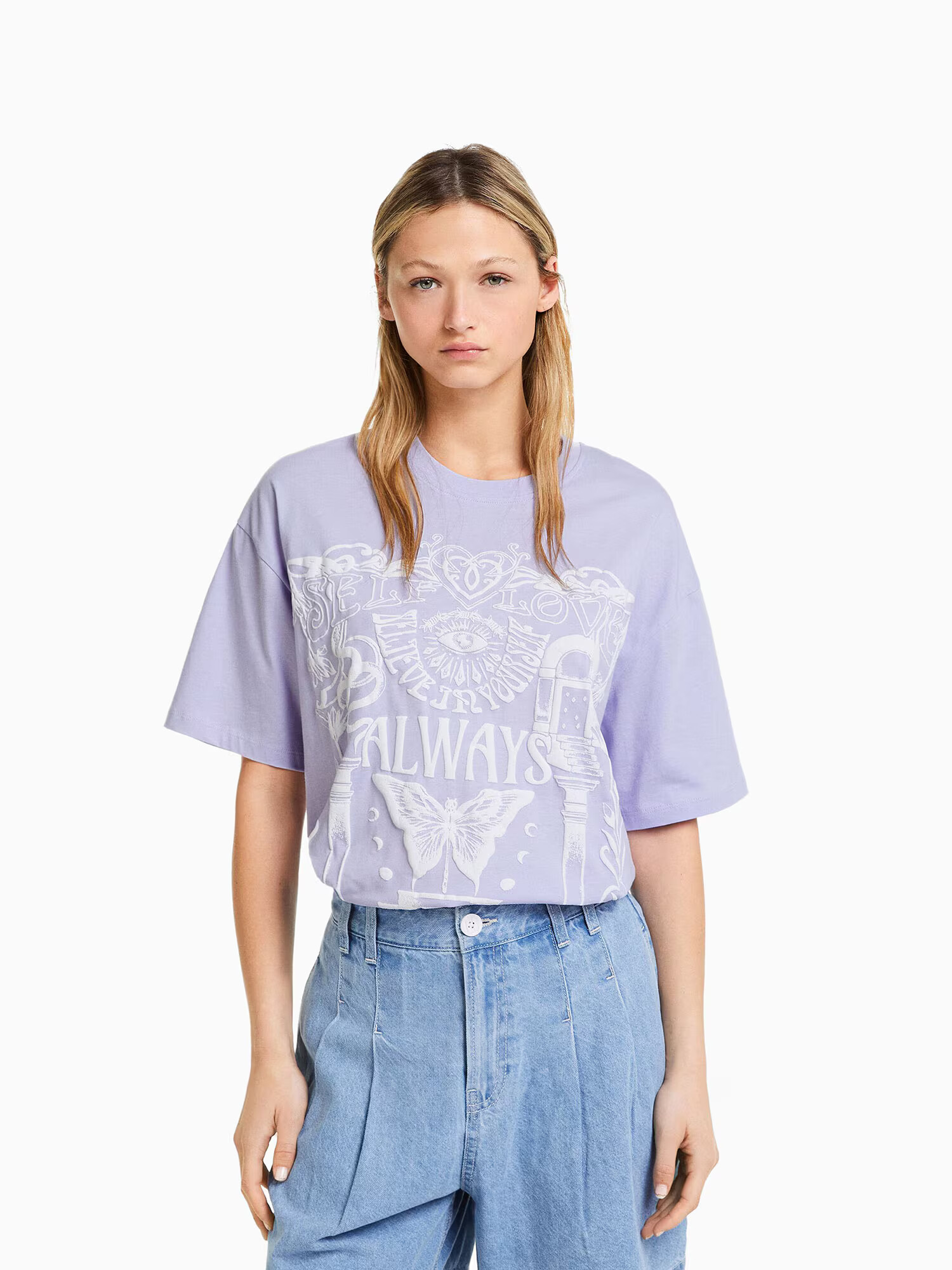 Bershka Tricou gri deschis / mov liliachiu - Pled.ro