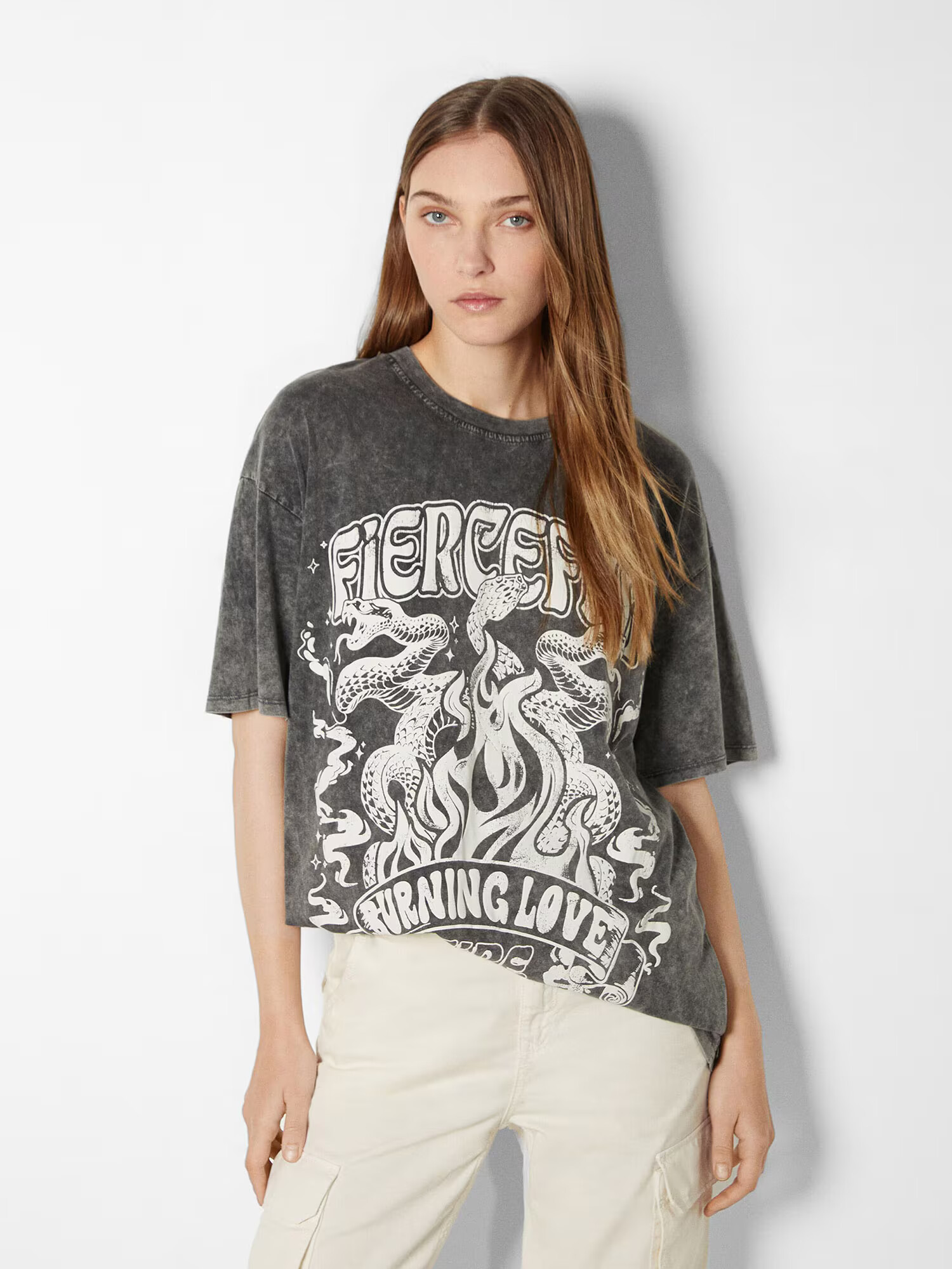 Bershka Tricou gri închis / alb natural - Pled.ro