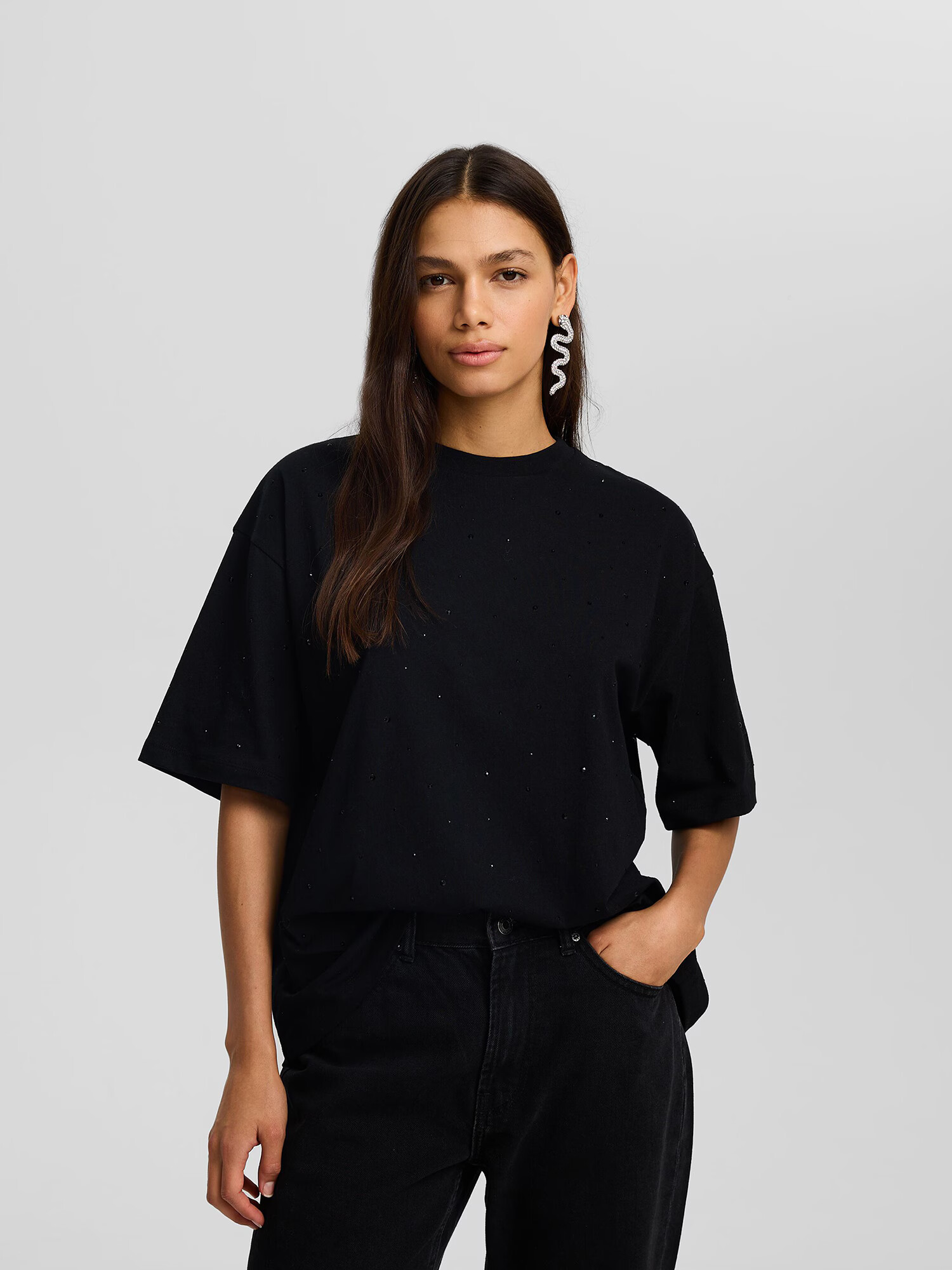 Bershka Tricou negru / alb - Pled.ro