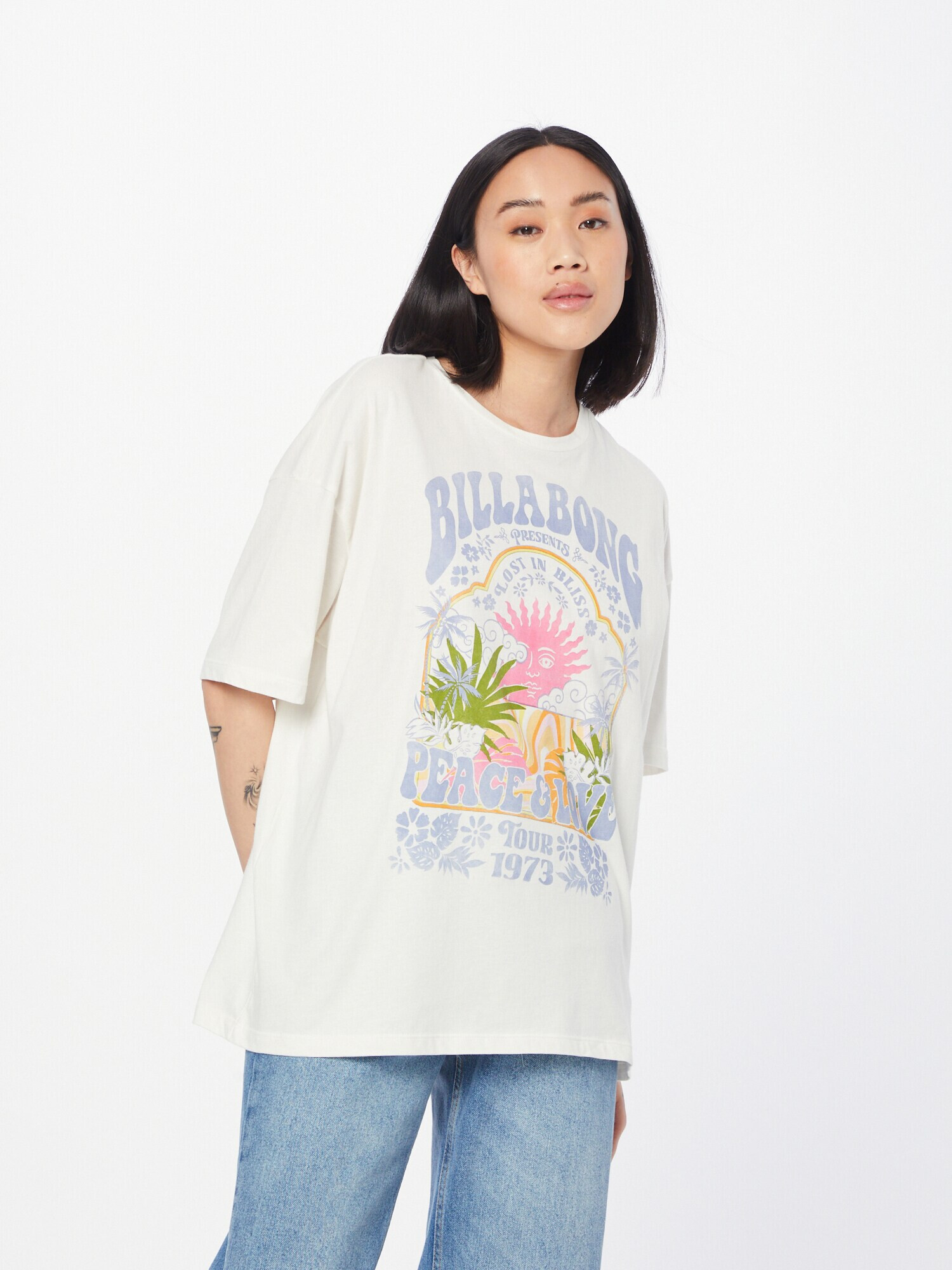 BILLABONG Tricou 'PEACE AND LOVE' gri deschis / verde / mov deschis / portocaliu deschis - Pled.ro