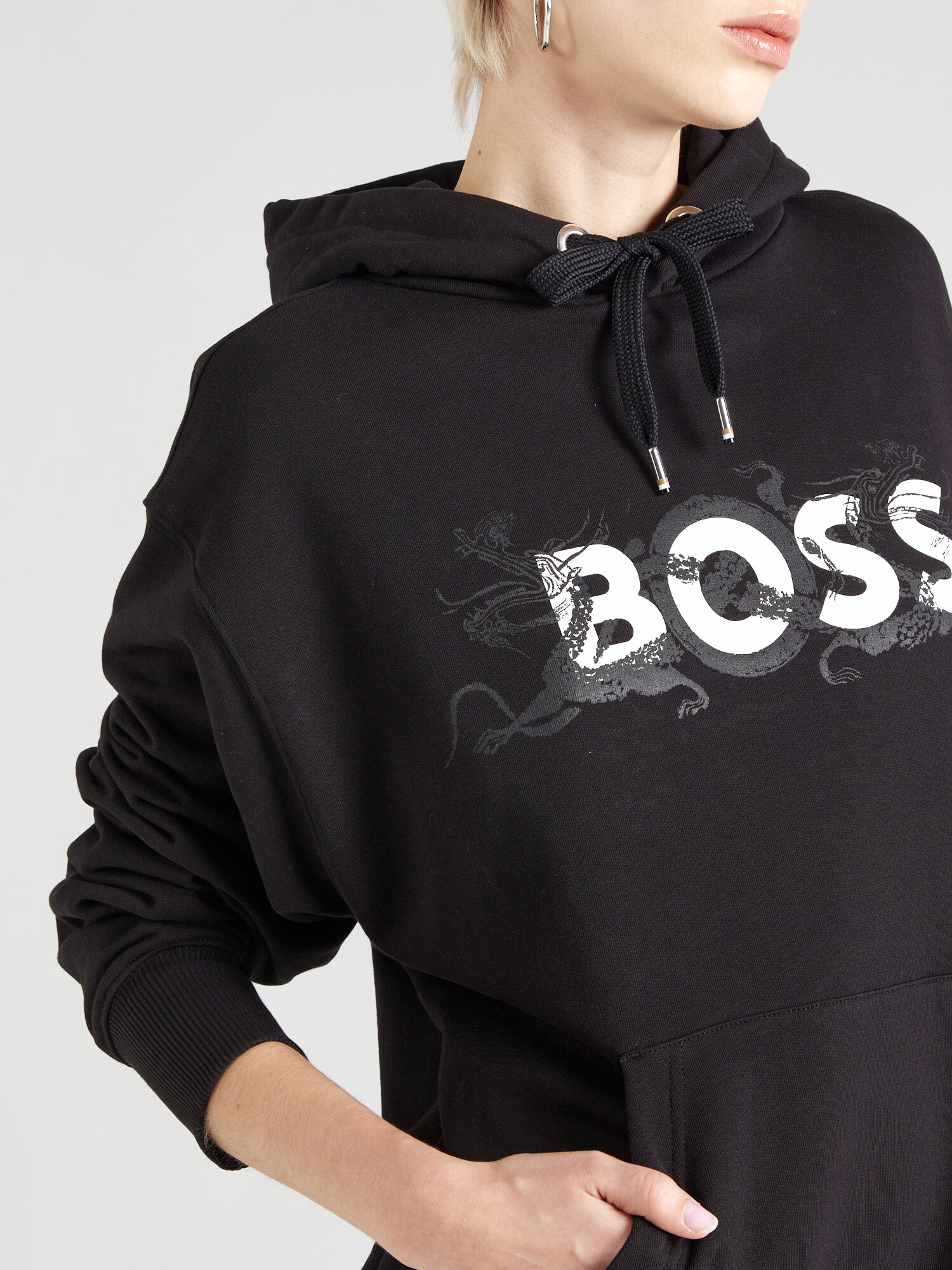 BOSS Black Bluză de molton 'Econy1' negru / alb - Pled.ro