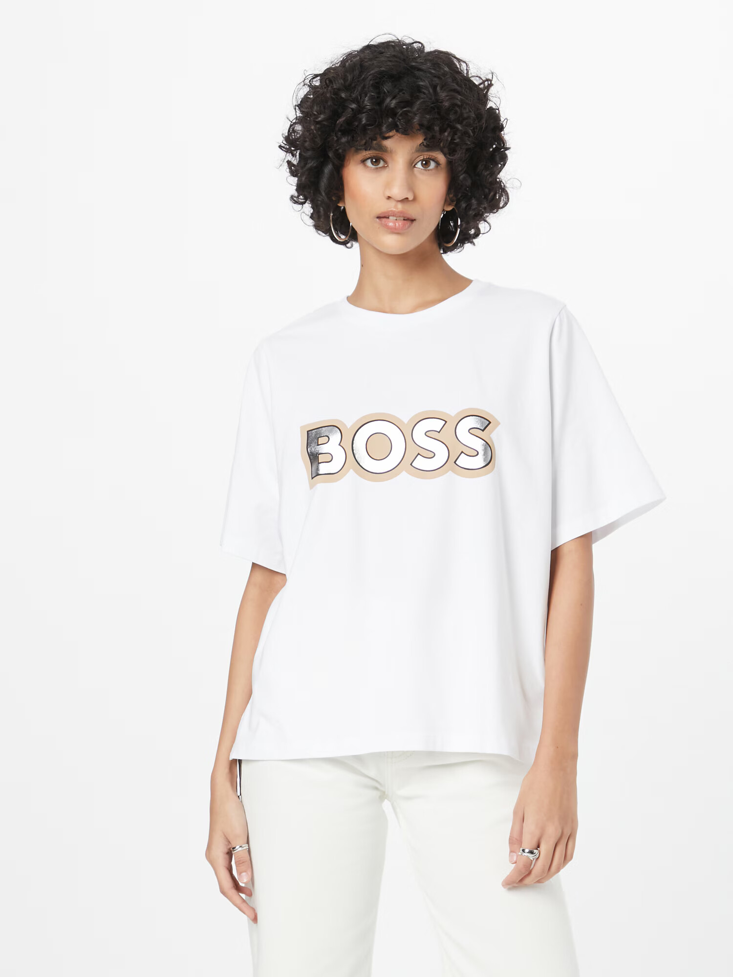 BOSS Black Tricou 'Ekrisp' bej / negru / argintiu / alb - Pled.ro