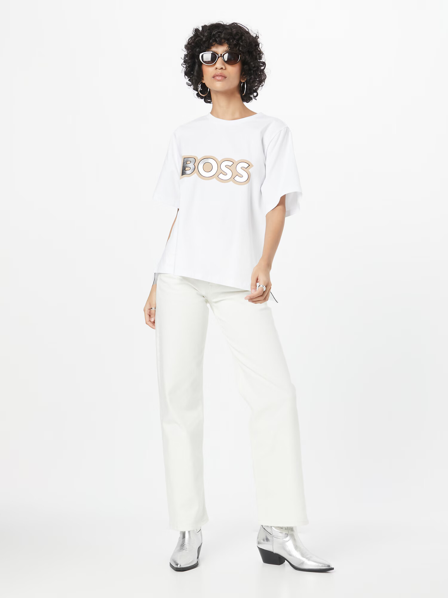 BOSS Black Tricou 'Ekrisp' bej / negru / argintiu / alb - Pled.ro