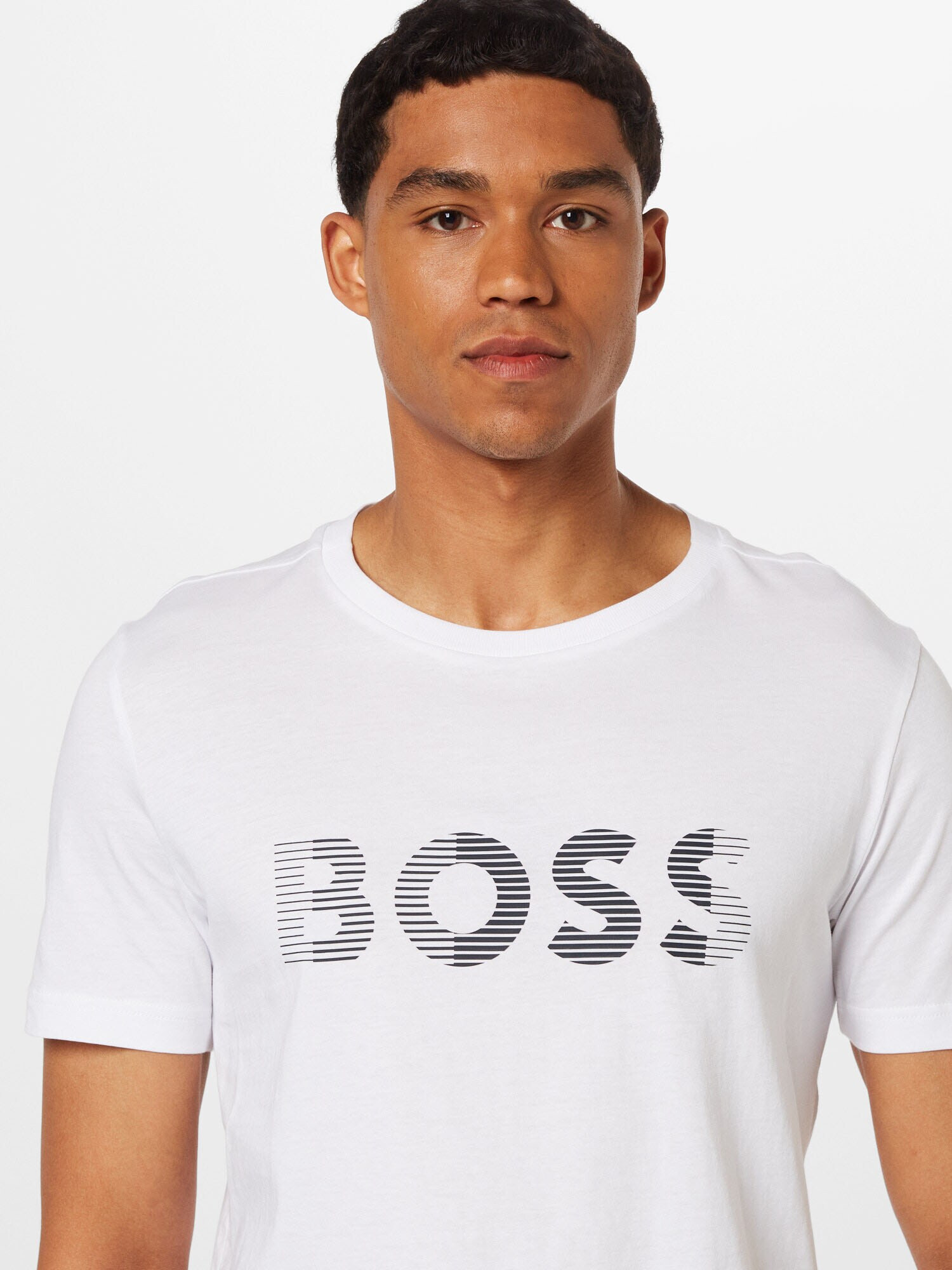 BOSS Green Tricou gri / alb - Pled.ro