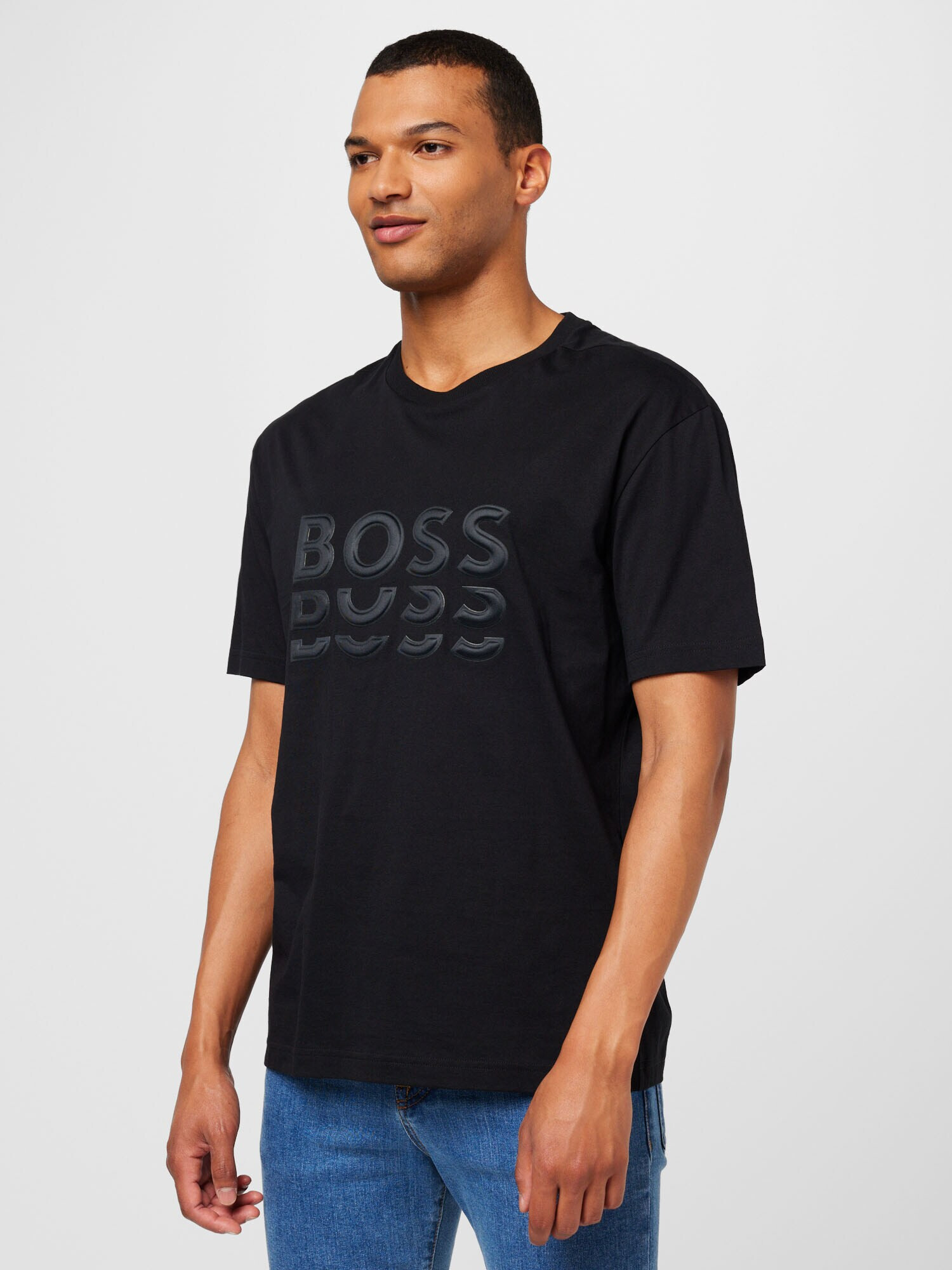 BOSS Green Tricou gri metalic / negru - Pled.ro