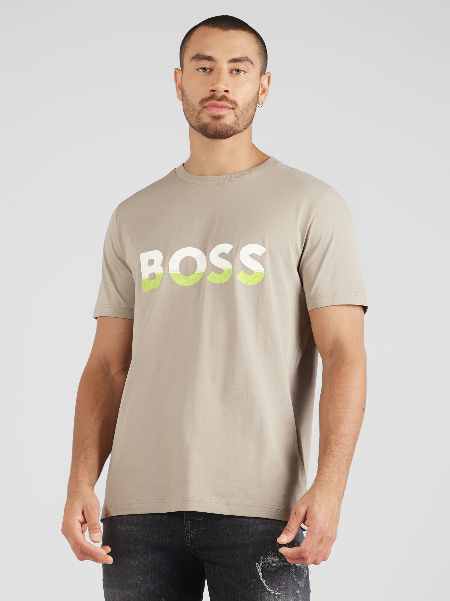 BOSS Green Tricou nisipiu / verde deschis / alb - Pled.ro