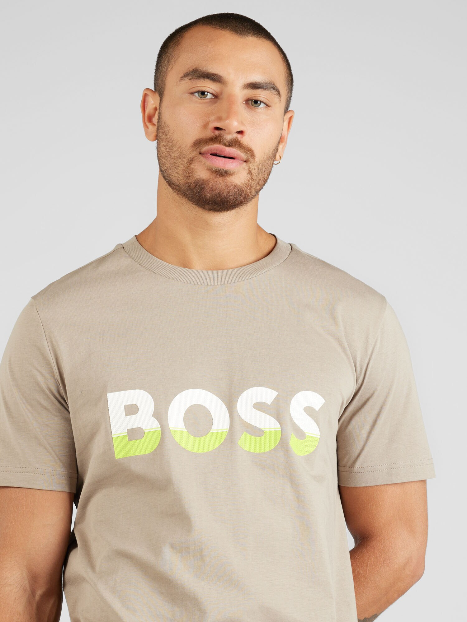 BOSS Green Tricou nisipiu / verde deschis / alb - Pled.ro