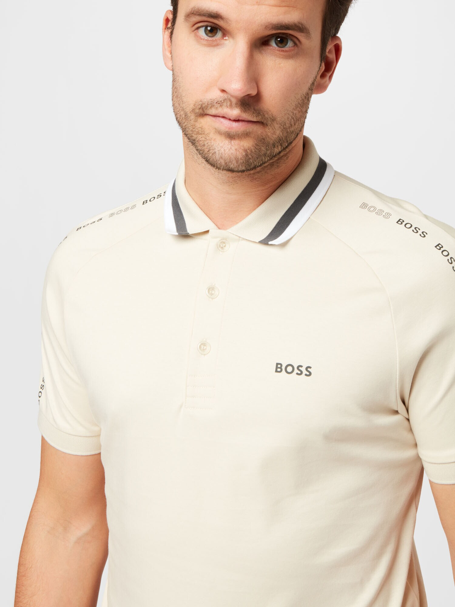 BOSS Green Tricou 'Paule2' gri închis / alb / alb lână - Pled.ro