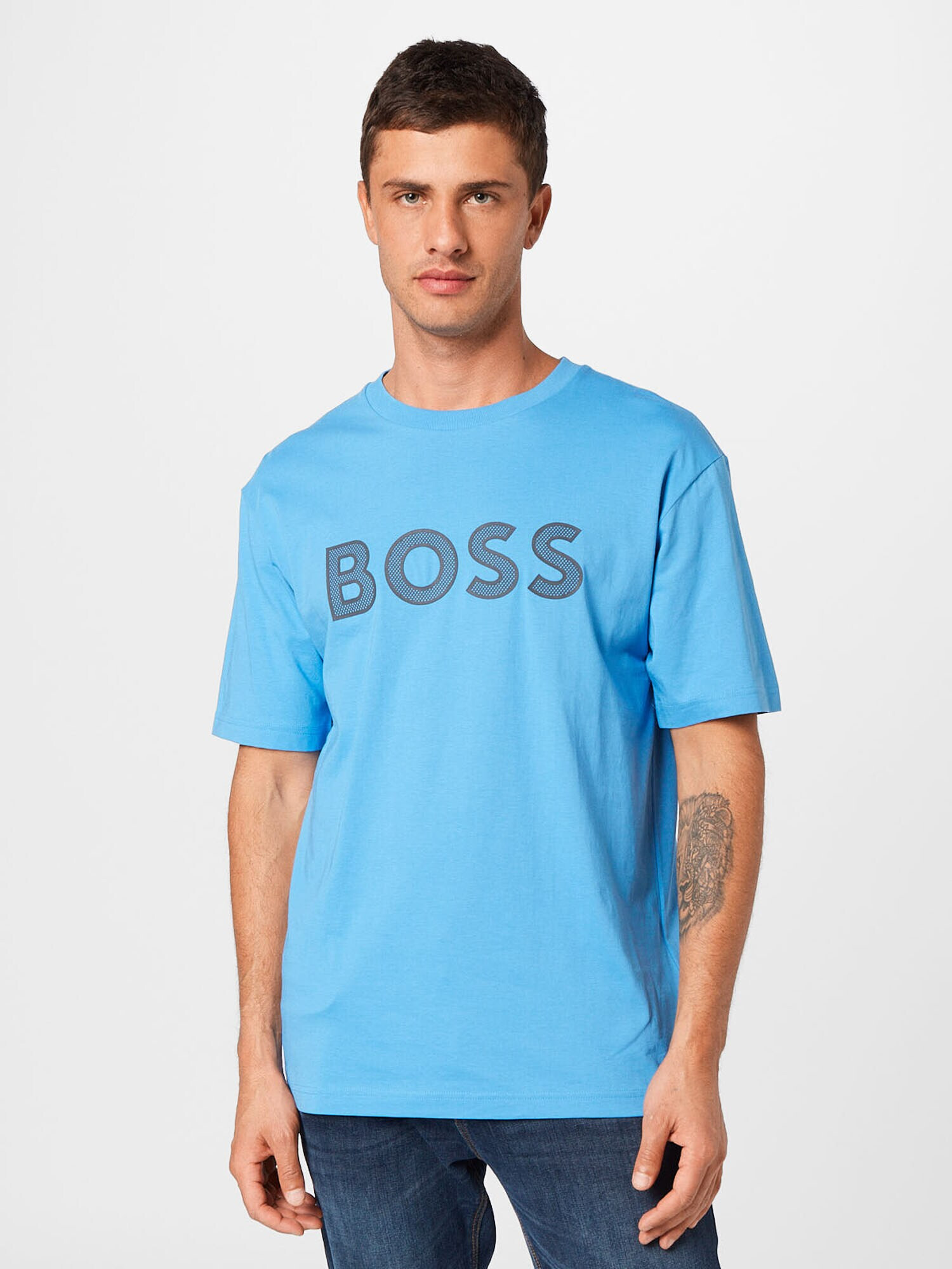 BOSS Green Tricou 'Teeos' cyan / gri închis - Pled.ro