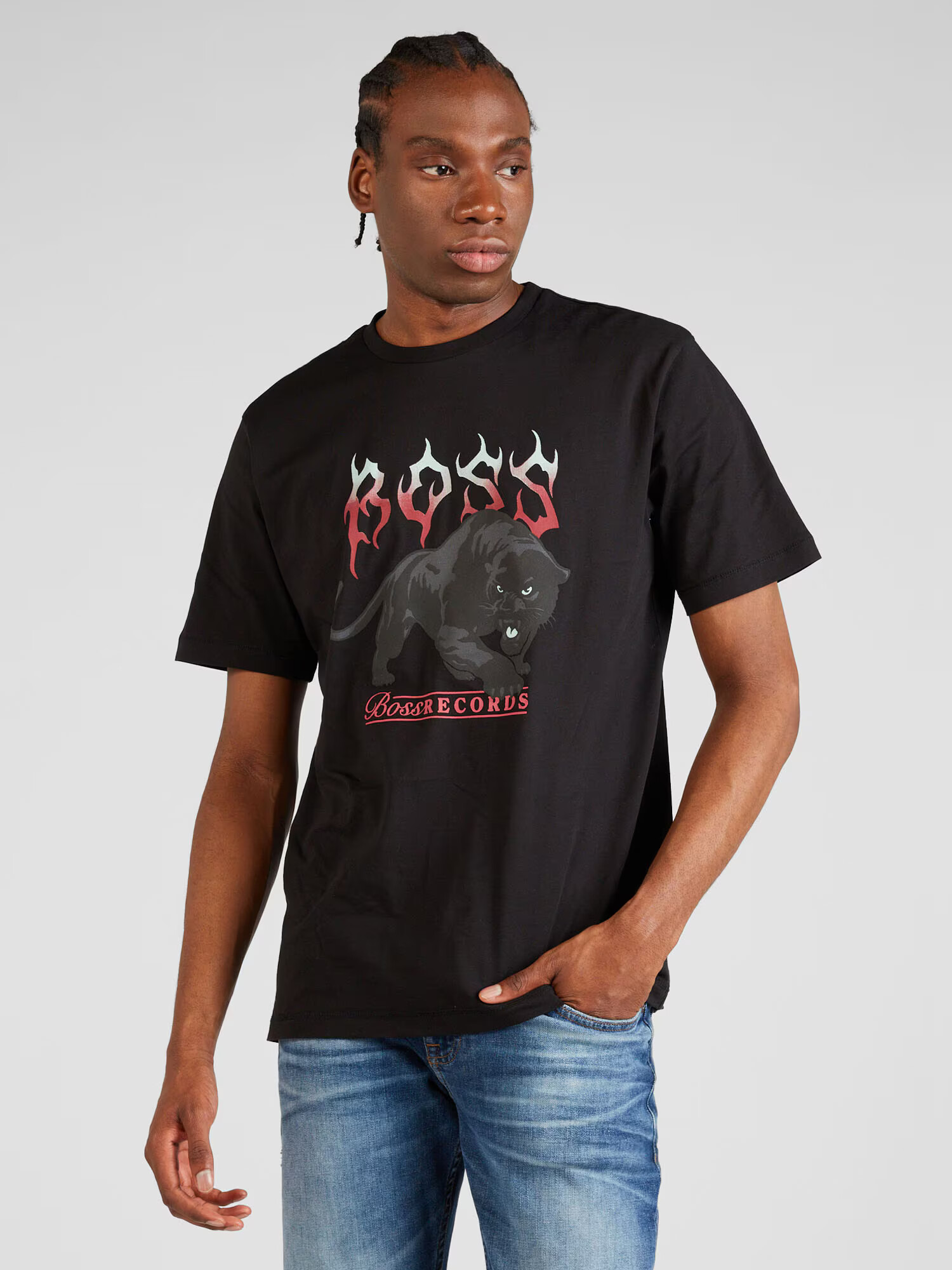 BOSS Orange Tricou 'Pantera' gri închis / roșu / negru / alb - Pled.ro